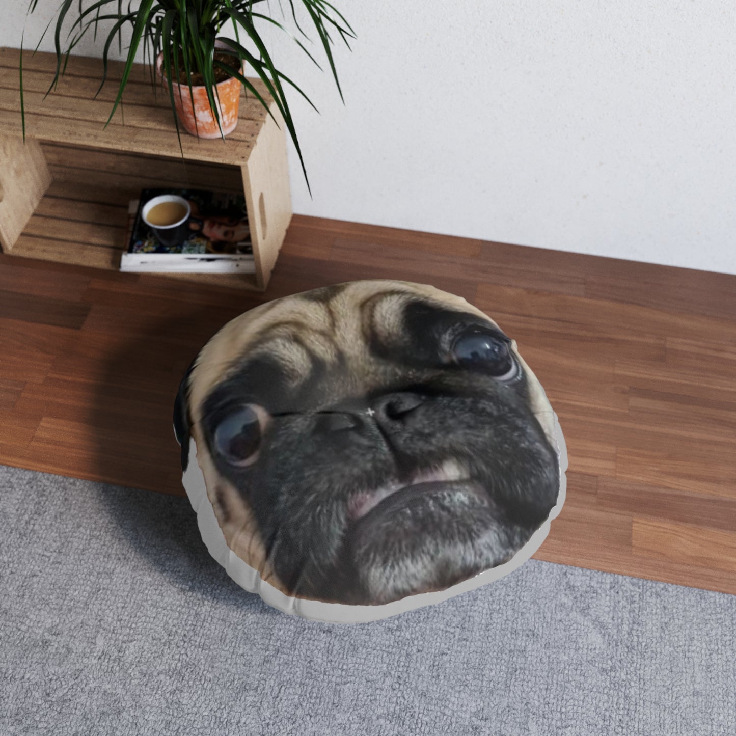 Tufted Floor Pillow, Round Pug face