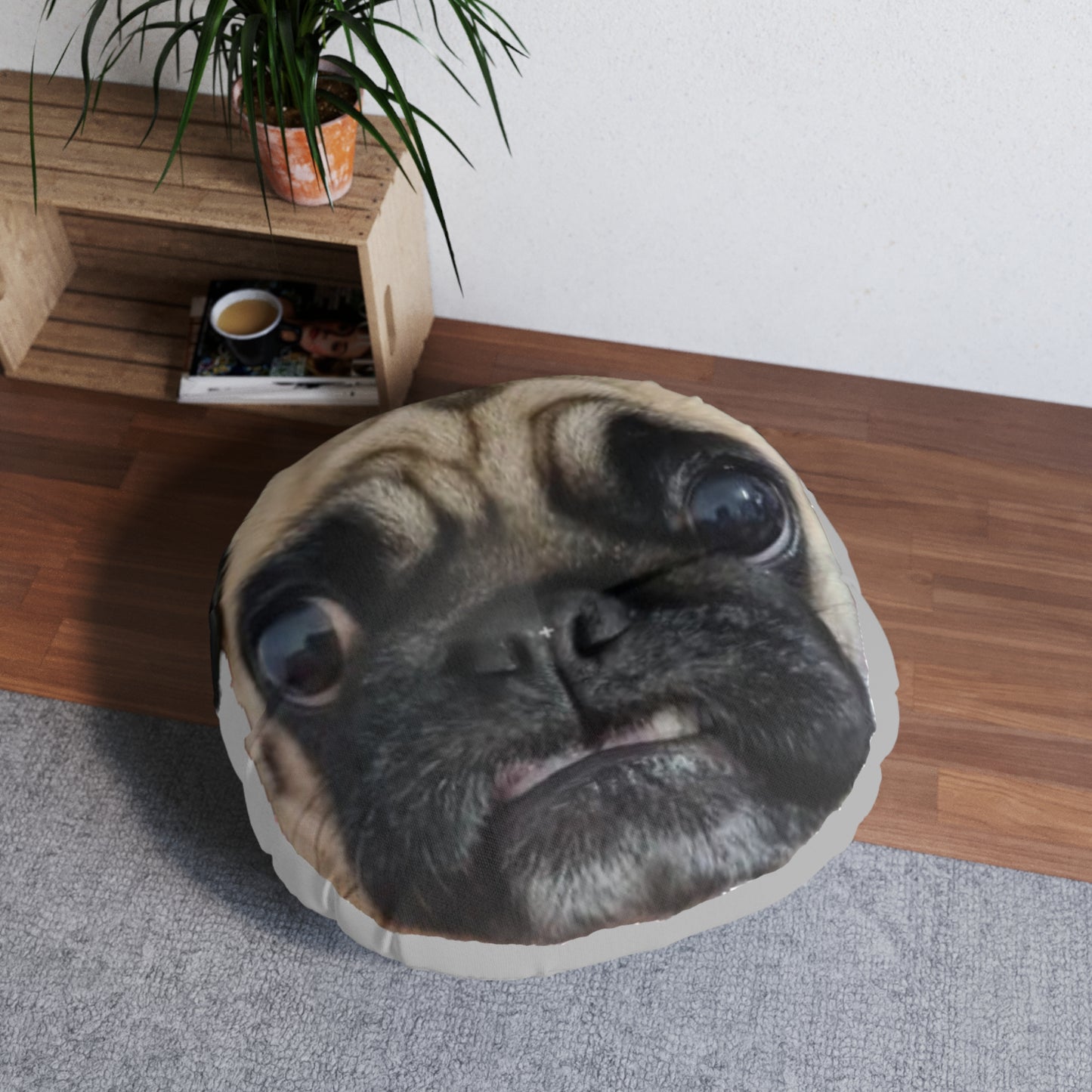 Tufted Floor Pillow, Round Pug face